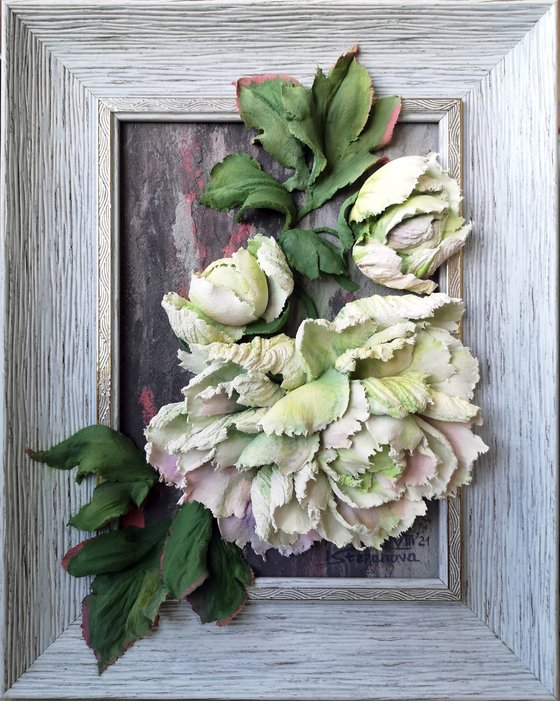 White peonies - flower garden painting in a frame. Mysterious conversation: A secret. 24x30x5 cm