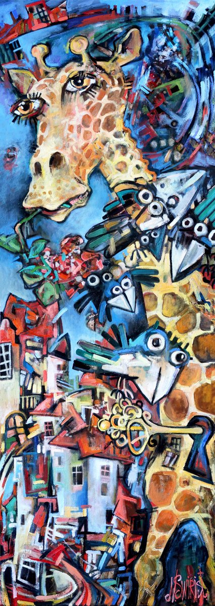 Expressive Animal Oil Painting By Nikifor Swiristuhin, 20 X 55", Clockwork Giraffe And Magpies., Original Artwork