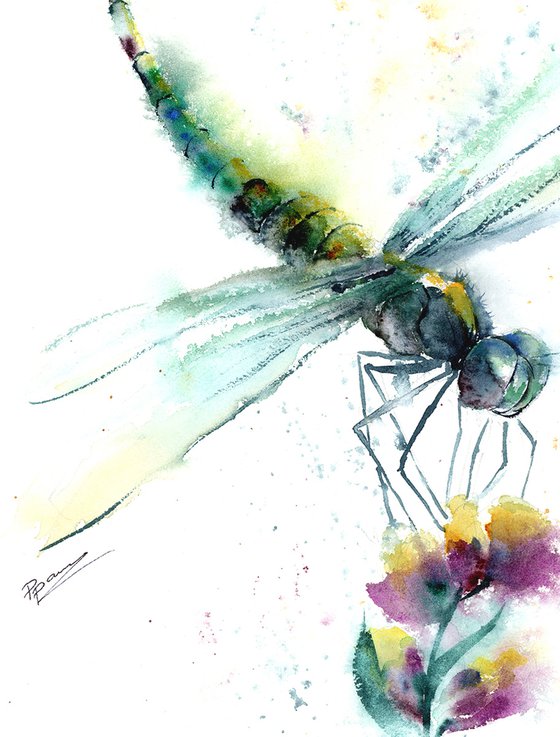 Green Dragonfly - Original watercolor painting