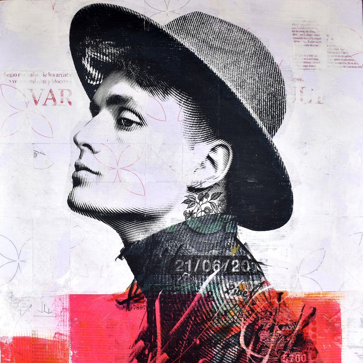 Urban And Pop Portrait Collage By Manel Villalonga, 20 X 20", 226 Red Portrait, Original Artwork