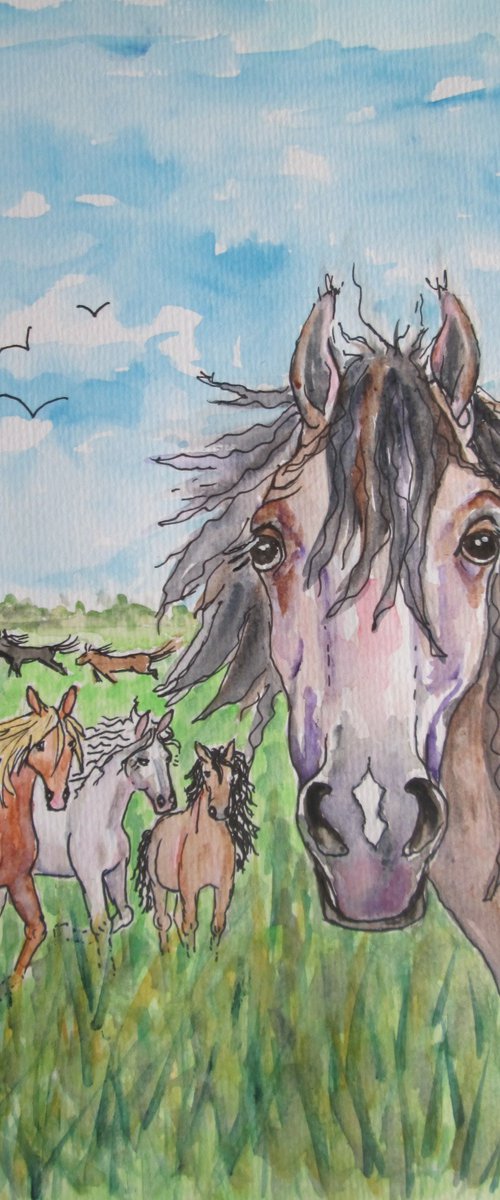 Happy Wild Horses in Nature by MARJANSART