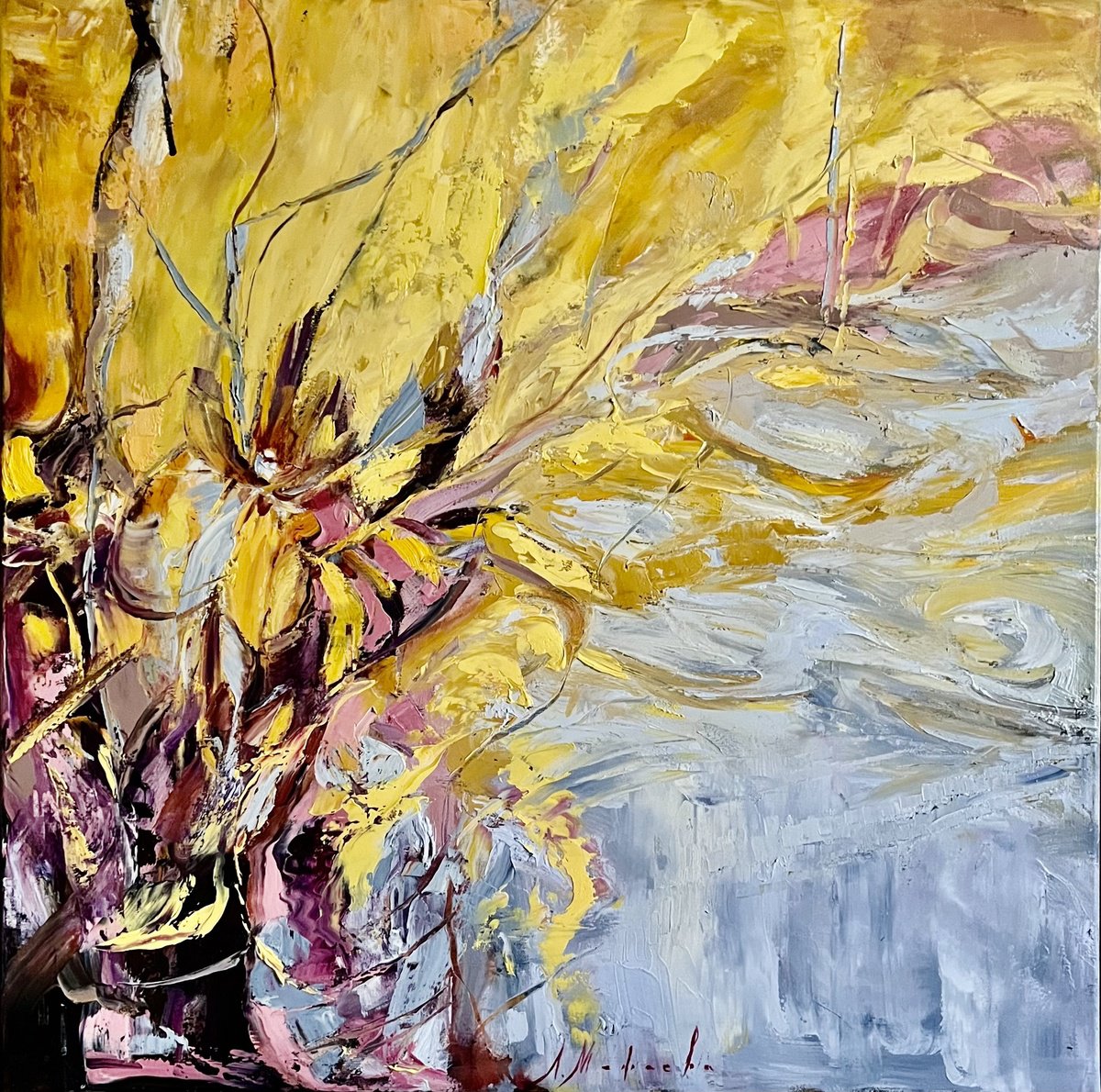 Organic Abstract Oil Painting By Elena Mashajeva-Agraphiotis, 31 X 31, Mimosas Sent, Original Artwork