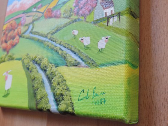 Folk art sheep landscape oil painting on canvas