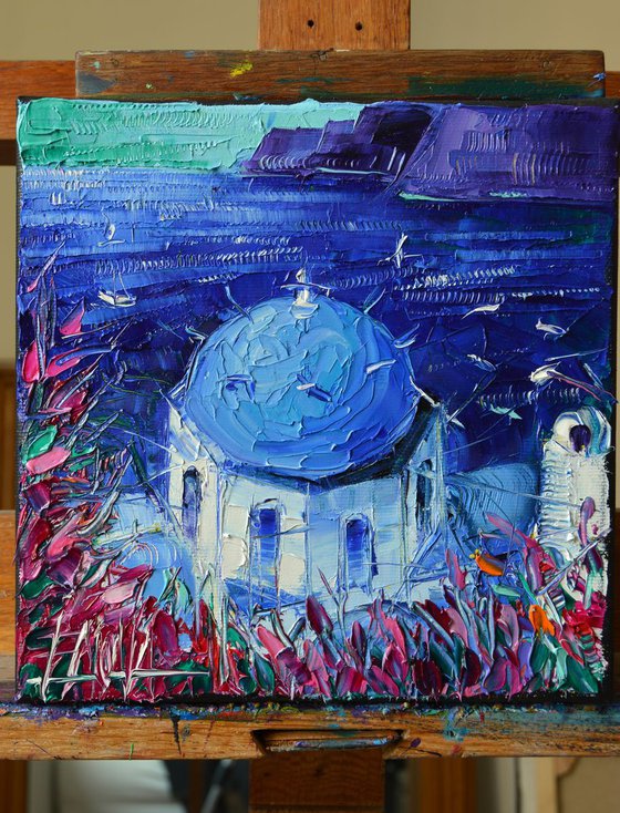 BLUE DOME IN SANTORINI Mini Cityscape Textural impressionist Impasto Palette Knife Oil Painting