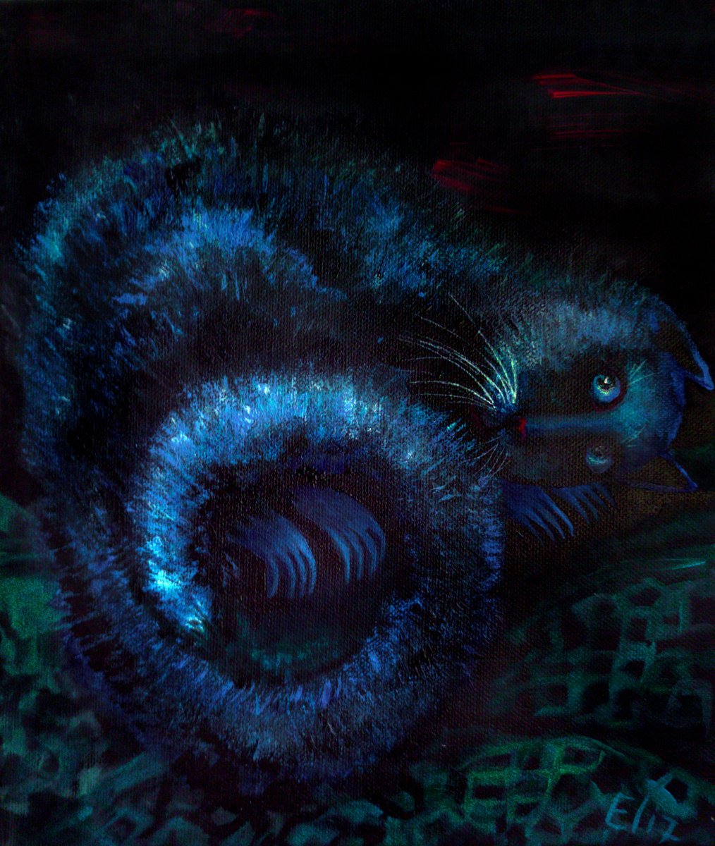 Expressive Animal Acrylic Painting By Elisheva Nesis, 10 X 12, Night. Owners Bed, Original Artwork