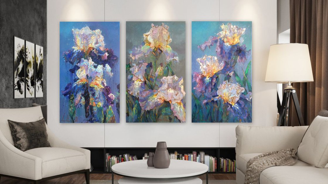 Irises on a gray background. Oil painting by Andriy Vutyanov | Artfinder