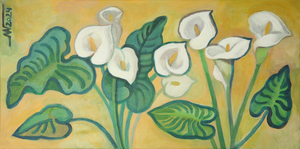 Botanical Acrylic Painting By Marina Gorkaeva, 31 X 16", Callas, Original Artwork