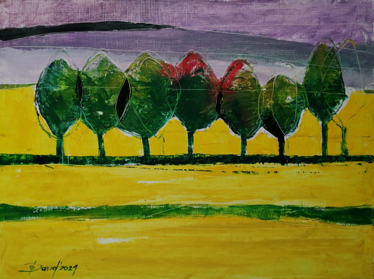 Expressive Landscape Oil Painting By Olga David, 16 X 12", Yellow Field, Original Artwork