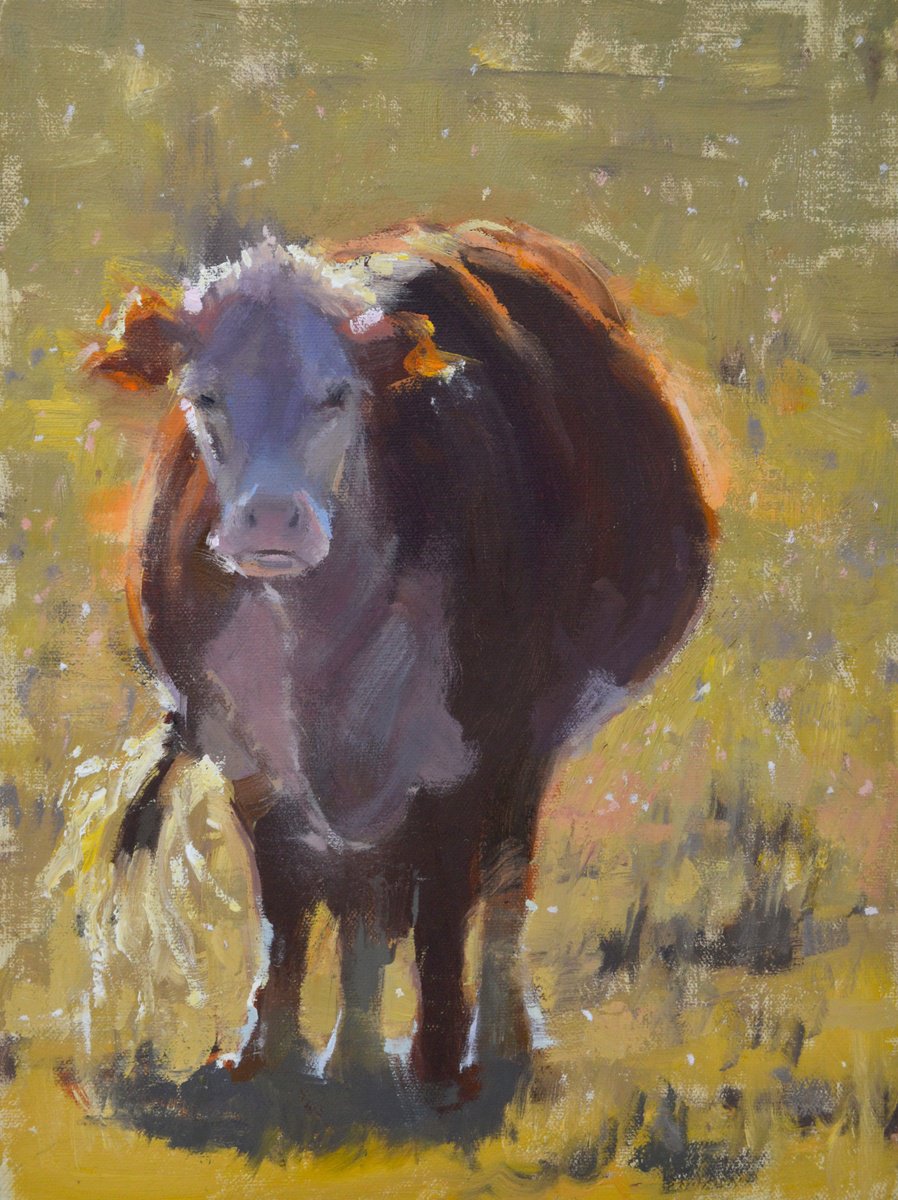 Impressionistic Animal Oil Painting By Kristina Sellers, 9 X 12", Out Standing In Her Field, Original Artwork