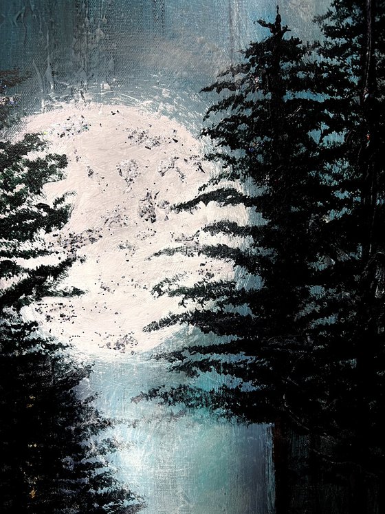 Moonlight deception  abstract pine forest painting