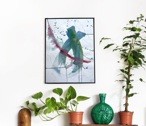 Abstract Watercolor Painting, Green Original Artwork, Golden Wall Art, Vertical Picture