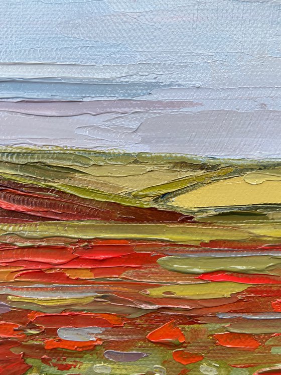 Landscape oil painting Poppy Flowers Field Original Oil Painting 23х28cm Palette Knife Impasto