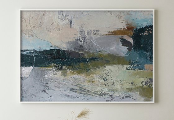 "Fall 5" Gray teal green abstract acrylic art