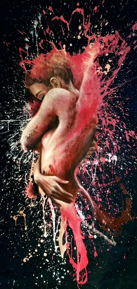 Expressive Portrait Oil Painting By Elena Kraft, 33 X 65, The Birth Of An Angel Iii, Original Artwork