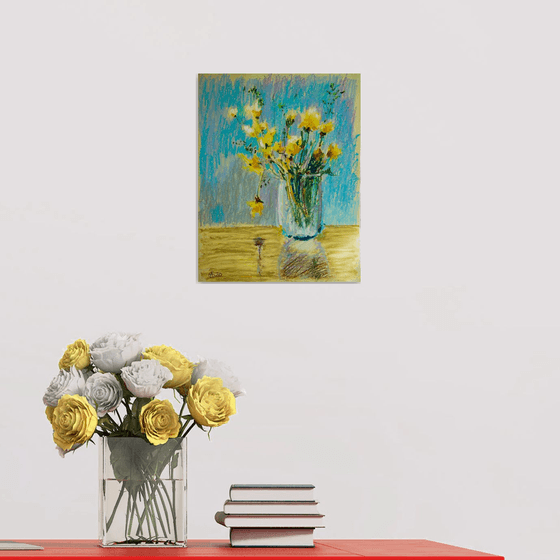 Summer bouquet of dundeliones. Home isolation series. Oil pastel painting. Small original flowers yellow turquoise wild gentle decor interior provence