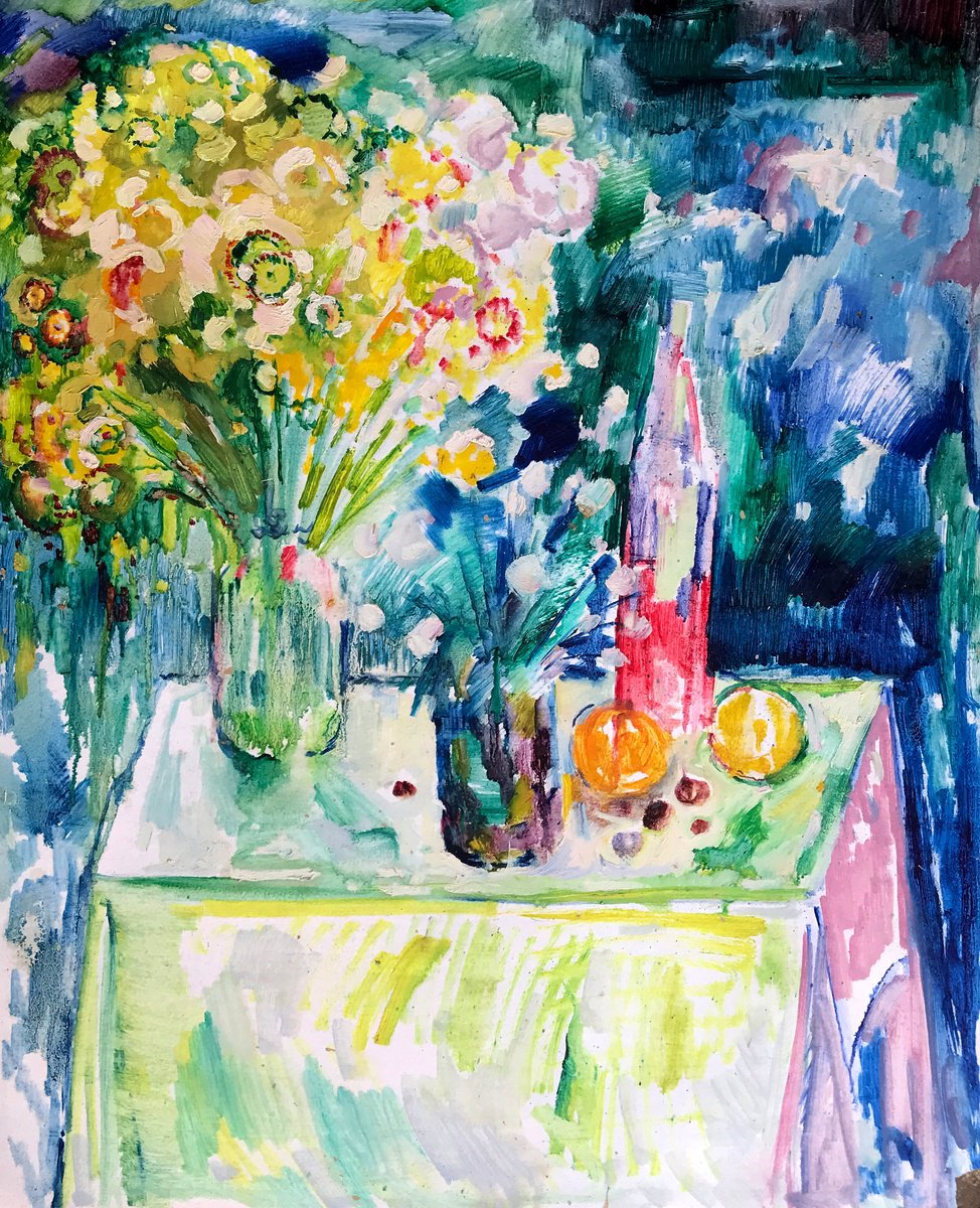Impressionistic Still Life Oil Painting By Peter Tovpev, 24 X 29", Summer Flowers On The Table, Original Artwork