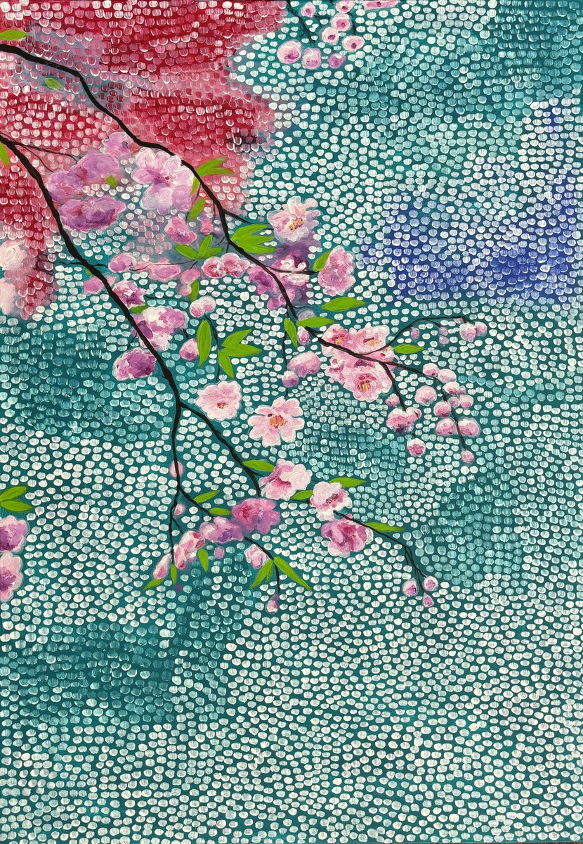 Impressionistic Botanical Acrylic Painting By Sun-Hee Jung, 28 X 39", Pink Cherry Blossoms, Original Artwork