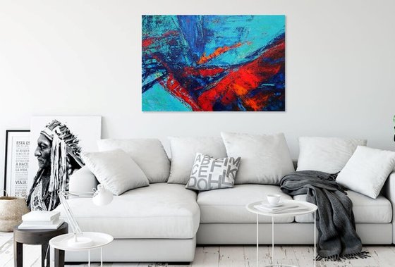 Large Abstract Blue Turquoise Red Landscape Painting. Modern Textured Art. Abstract. 61x91cm.