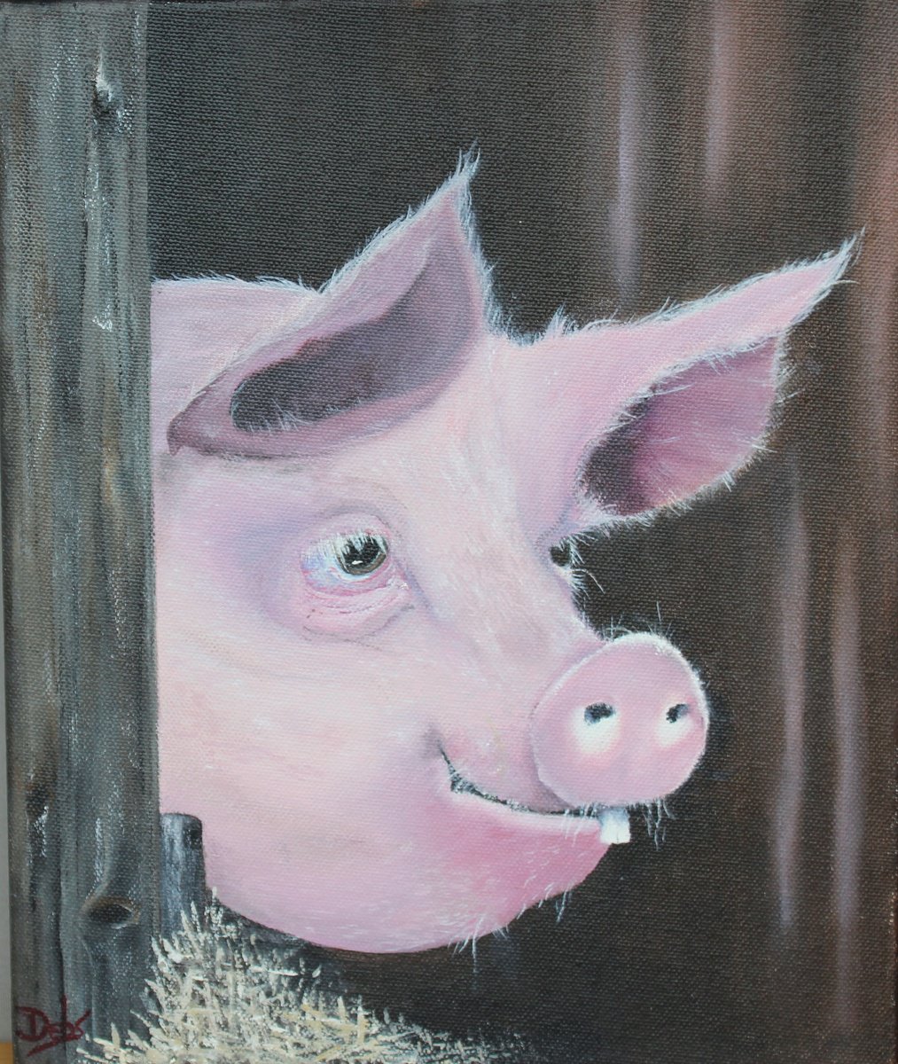 Photorealistic Animal Oil Painting By Debbie Young, 10 X 12, Stinky Pinky Porker, Original Artwork