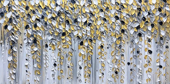 Golden Cascade - Original Abstract Falling Gold Leaves FlowerPainting, White Flower Painting, Size: 48 x 24 inches (120 x 60 cm)