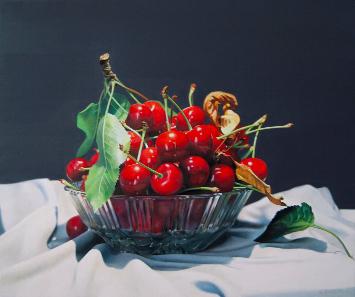 Photorealistic Oil Painting , Still Life With Cherries By Valeri Tsvetkov, 24 X 20, Artwork For Sale On Artfinder