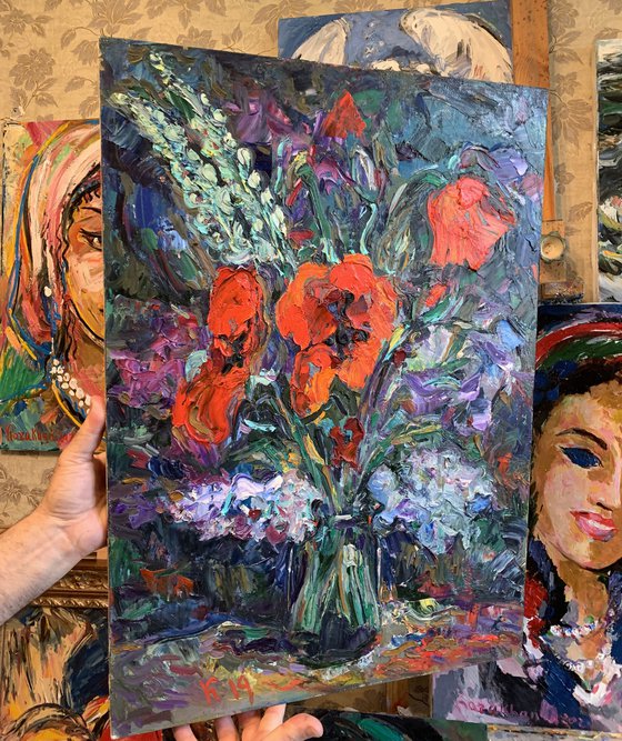 STILL LIFE WITH POPPIES - Floral art, still life with flowers, original painting oil on canvas, painting for sale, gift art 70x50cm