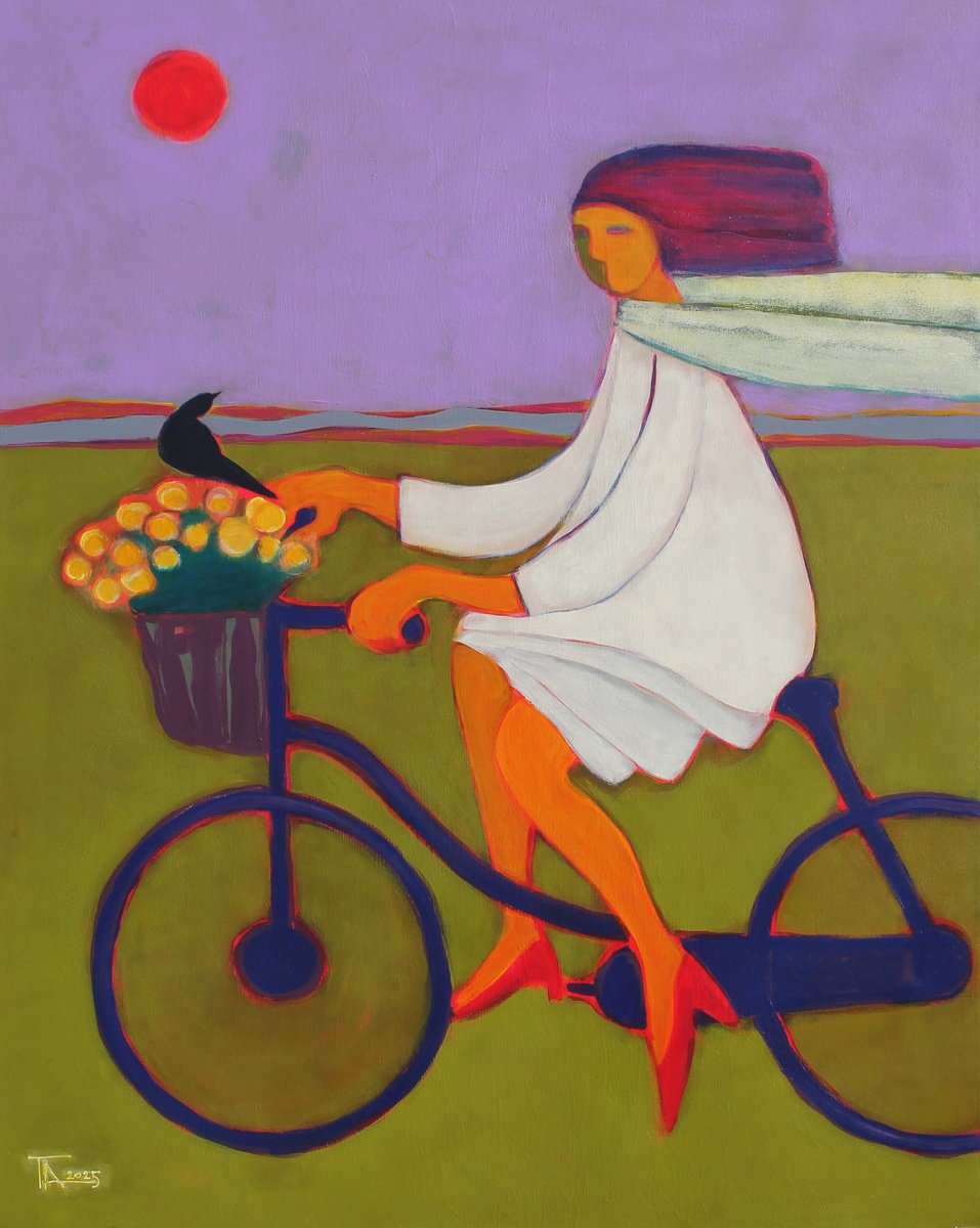 Expressive Portrait Acrylic Painting By Tatjana Auschew, 31 X 39", Sunset Walk., Original Artwork