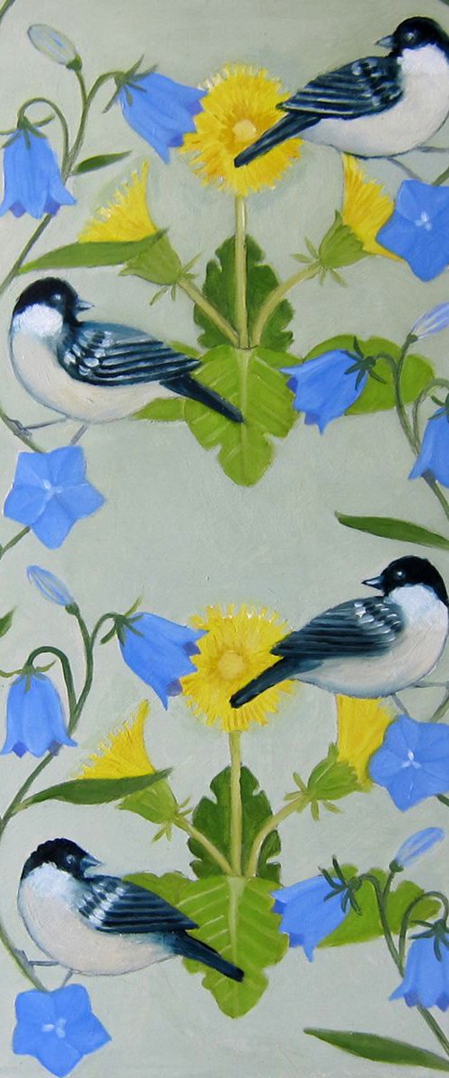 Coal tits, harebells and dandelions by Sophie Colmer-Stocker