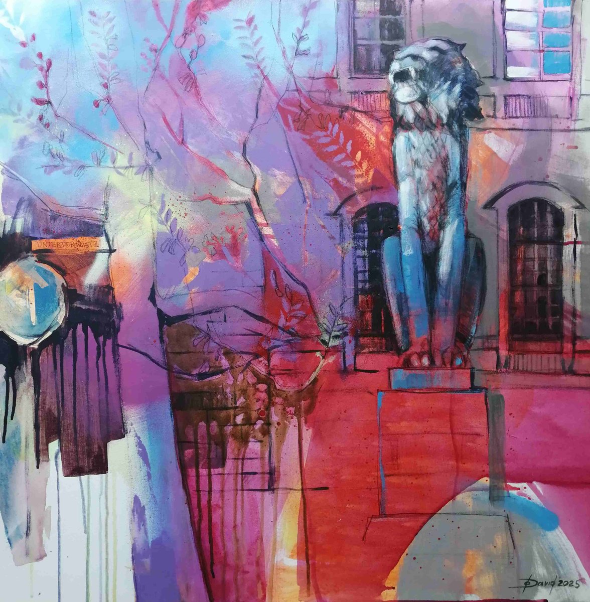 Expressive Cityscapes Painting By Olga David, 31 X 31", Paulownia At The Gate Square, Original Artwork