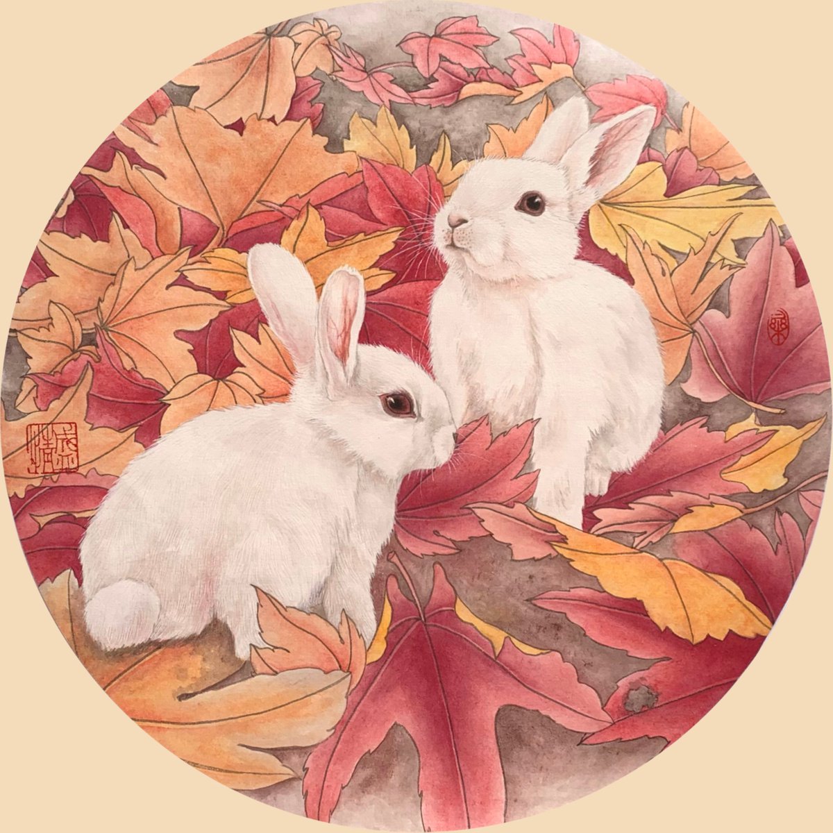 Bunny in the red Leaf, Original Brush Painting by Fiona Sheng