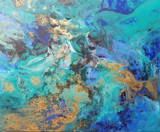 Modern abstract art blue green gold metallic painting ocean colors - Shimmer of the ocean