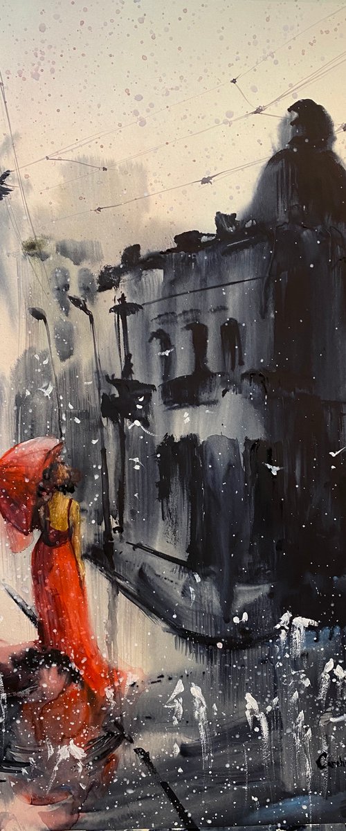 Sold Watercolor “Lady in red and white doves II”perfect gift by Iulia Carchelan