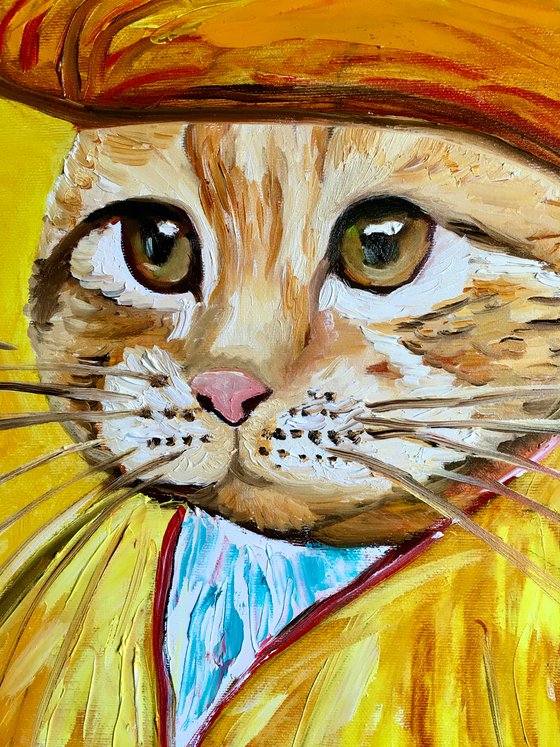 Cat in a straw hat with green eyes La Vincent Van Gogh inspired by self-portrait