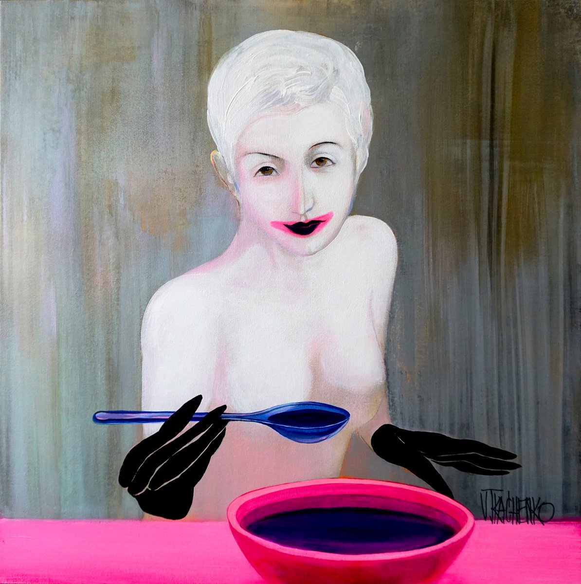 Organic Portrait Acrylic Painting By Victor Tkachenko, 24 X 24", Borscht, Original Artwork