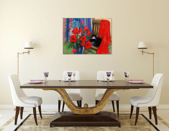 Black cat with Poppies