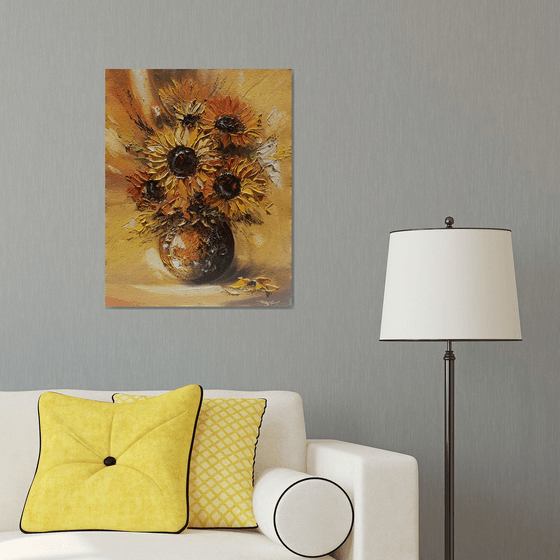 Sunflowers in the vase (55x70cm, oil painting,  ready to hang)
