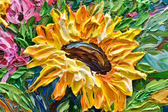 Sunflower Bouquet - Original Floral Painting on Canvas, Palette Knife Art, Textured Impasto Artwork