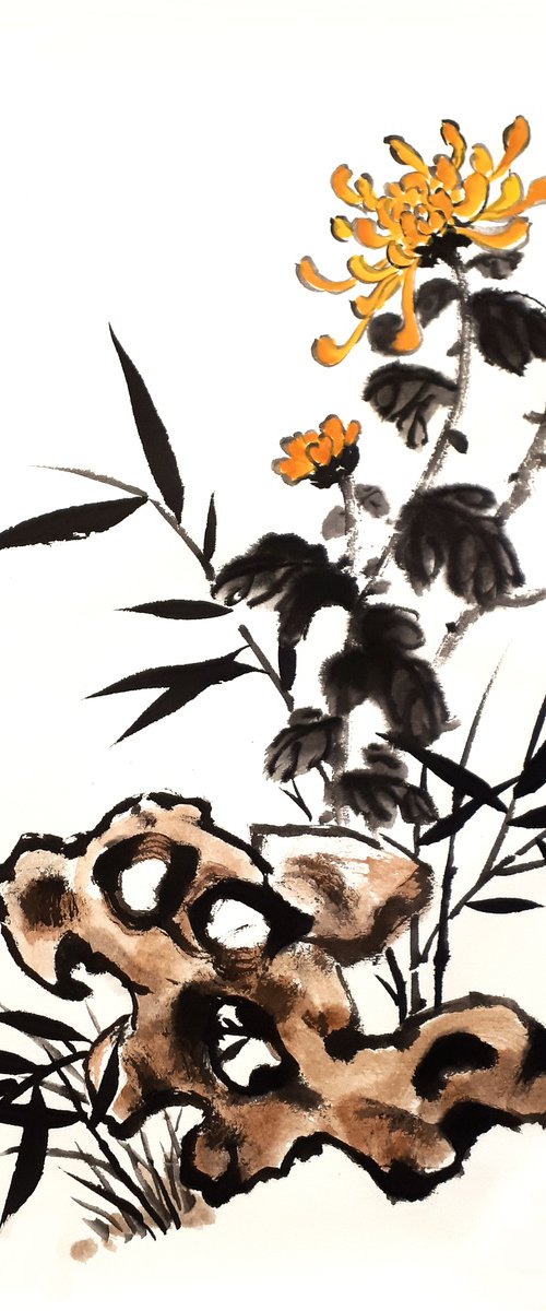 Yellow chrysanthemum and bamboo near the stone - Oriental Chinese Ink Painting by Ilana Shechter