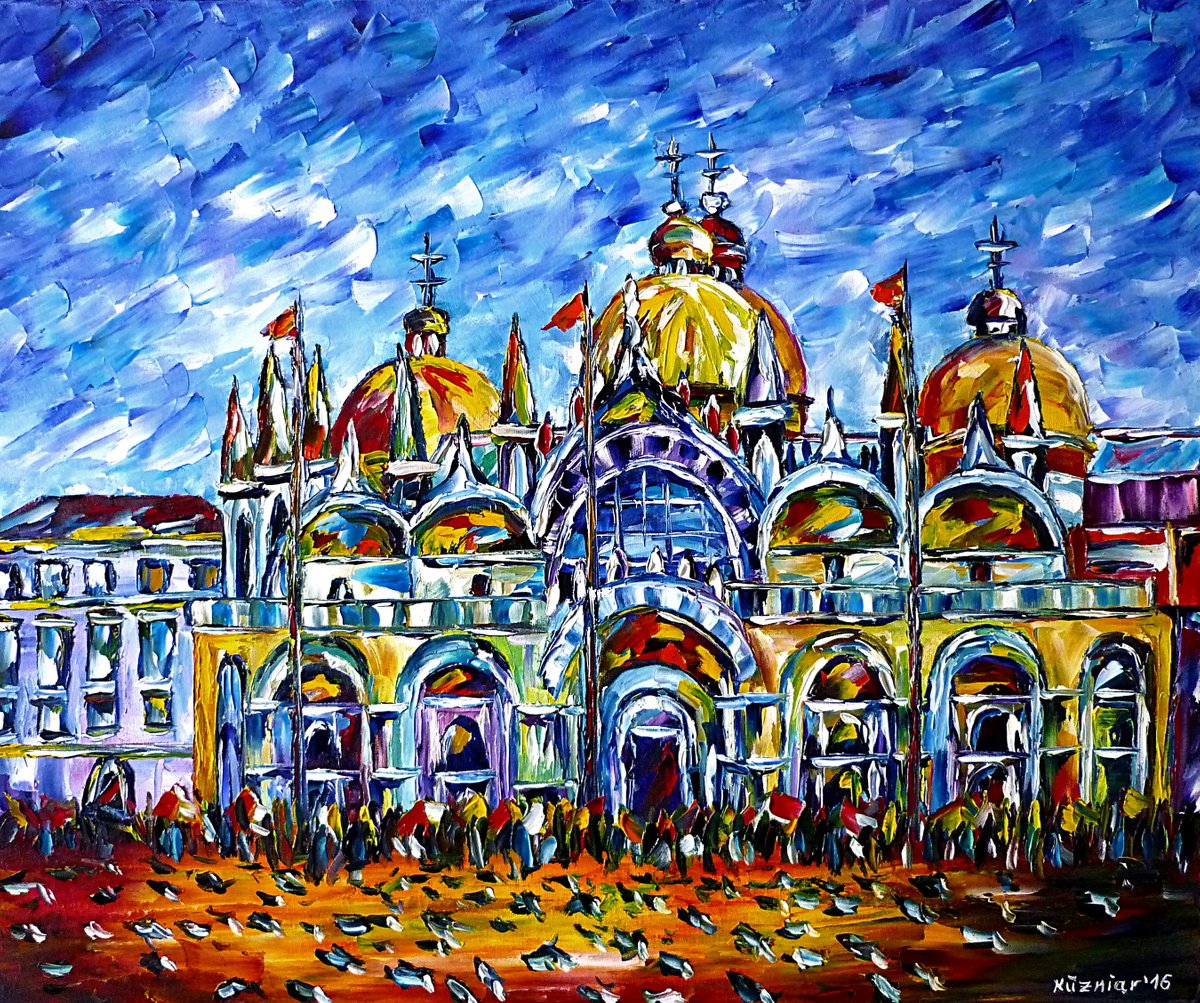 Expressive Cityscapes Oil Painting By Mirek Kuzniar, 24 X 20", Basilica Di San Marco, Venice, Original Artwork