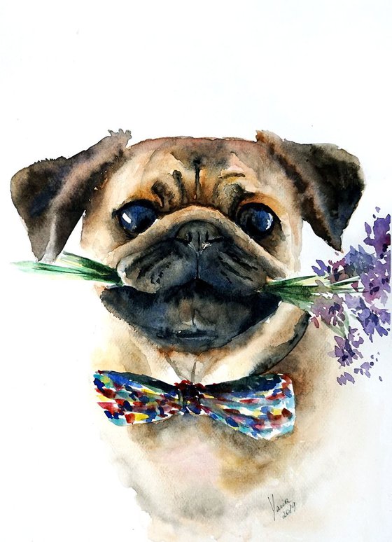 Cute Pug ORIGINAL Watercolor Painting, Best Dog Breed Art