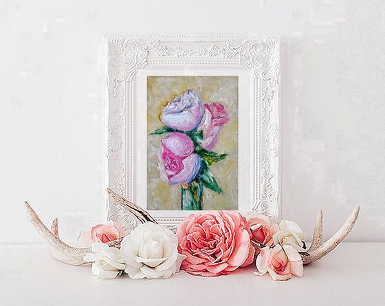 Roses Bouquet Painting Original Art Floral Artwork Flower Still Life Wall Art Impasto Small Oil Panting