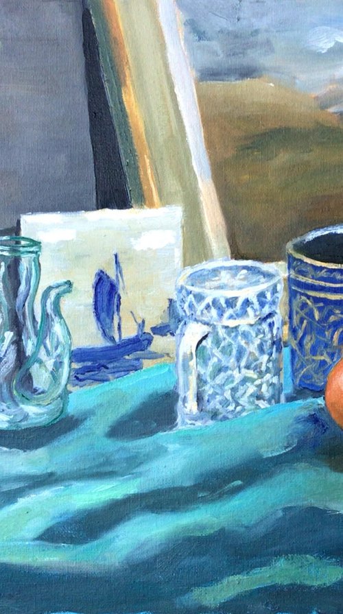 Still Life of a glass jug, some pots, a ceramic tile and a tangerine. Oil Painting by Julian Lovegrove Art