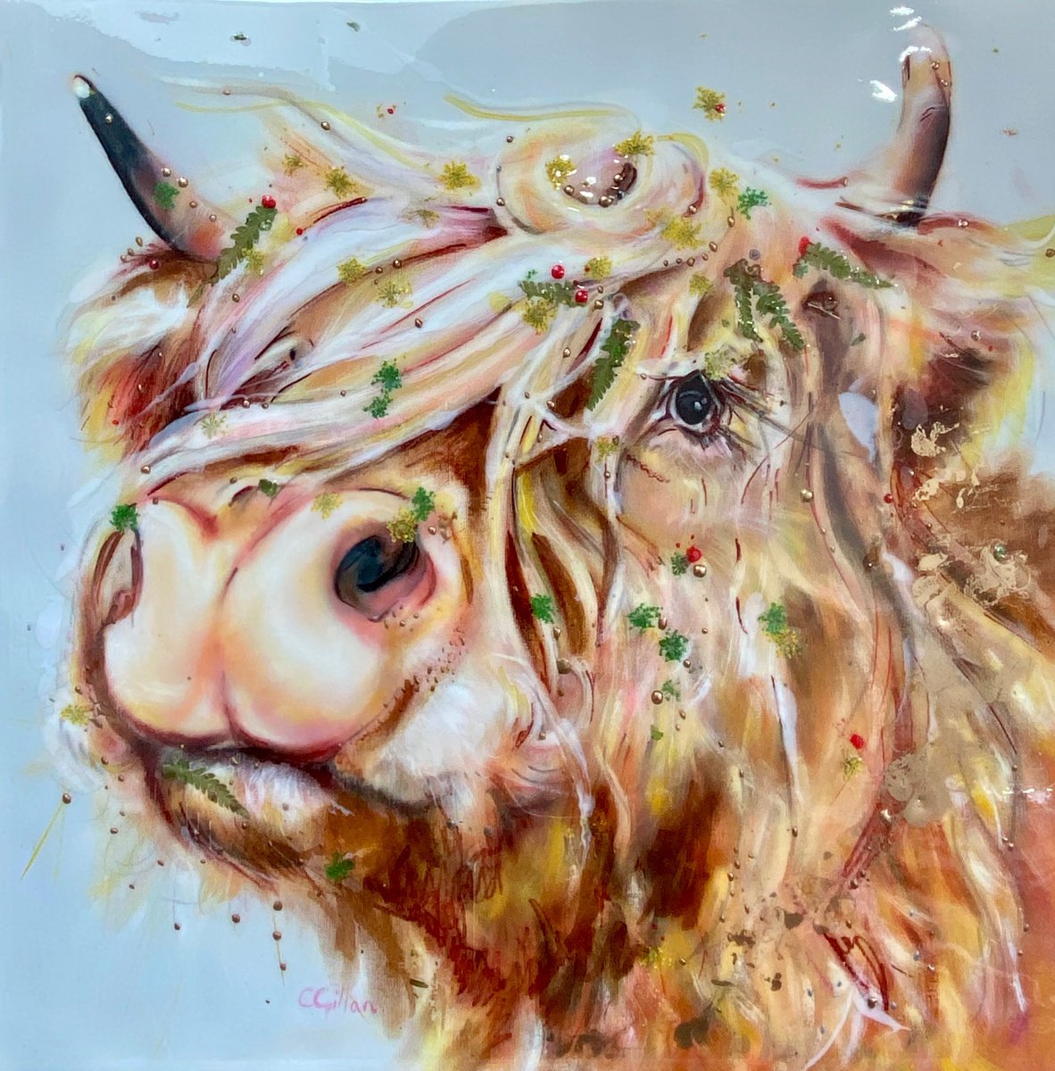 Gusto - original oil Highland Cow, canvas on board, 20 x 20 unframed, 3d & resin by Carol Gillan