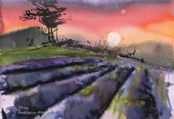 Lavender sunset, watercolor, 18,5x28 sm, deep colores, lavender, red, violet