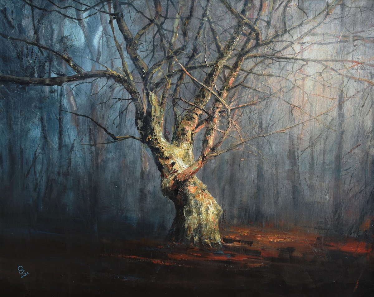 Abstract Landscape Oil Painting By Ivan Grozdanovski, 39 X 31, Agartha-Shepherd Of The Forest, Original Artwork