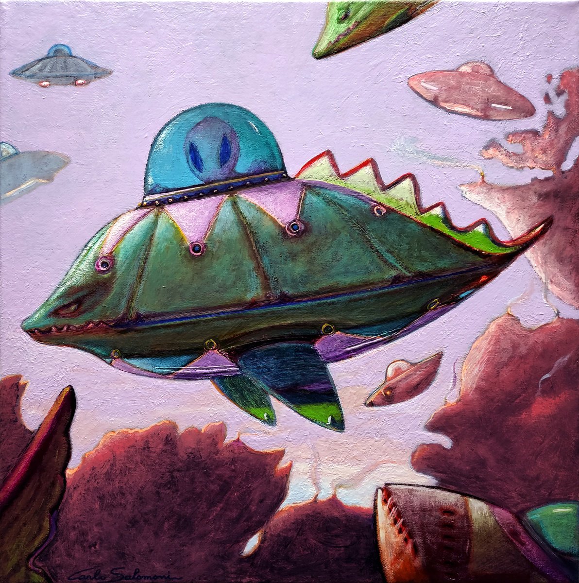 Surrealistic Portrait Painting By Carlo Salomoni, 16 X 16, Traffic, Original Artwork