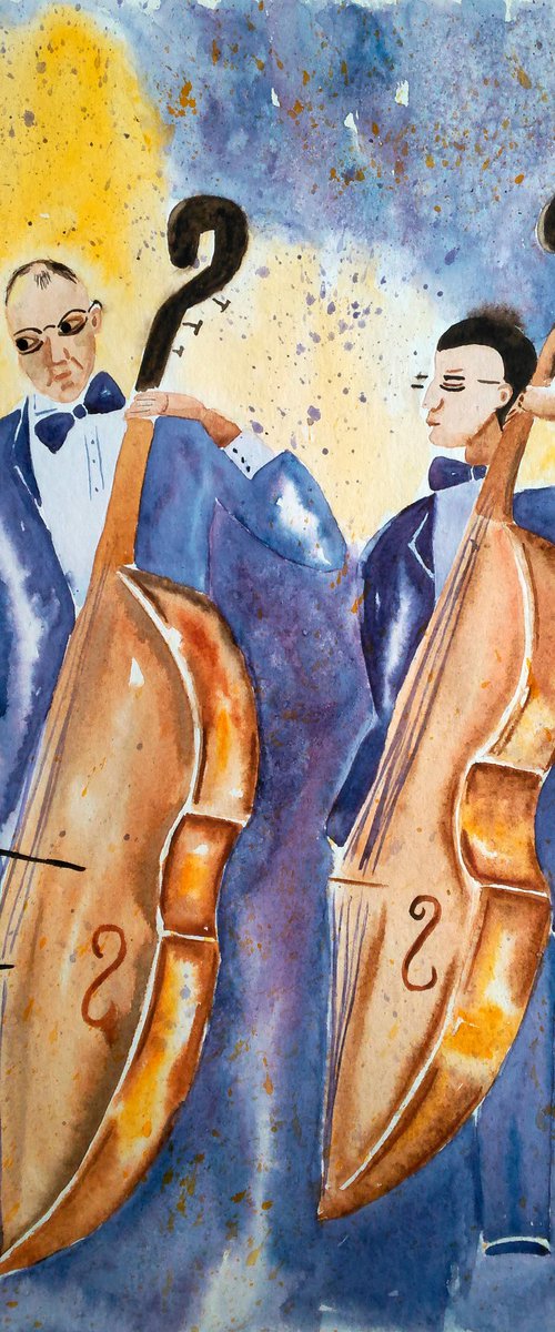 Jazz Kontrabas Original Watercolor Painting by Halyna Kirichenko