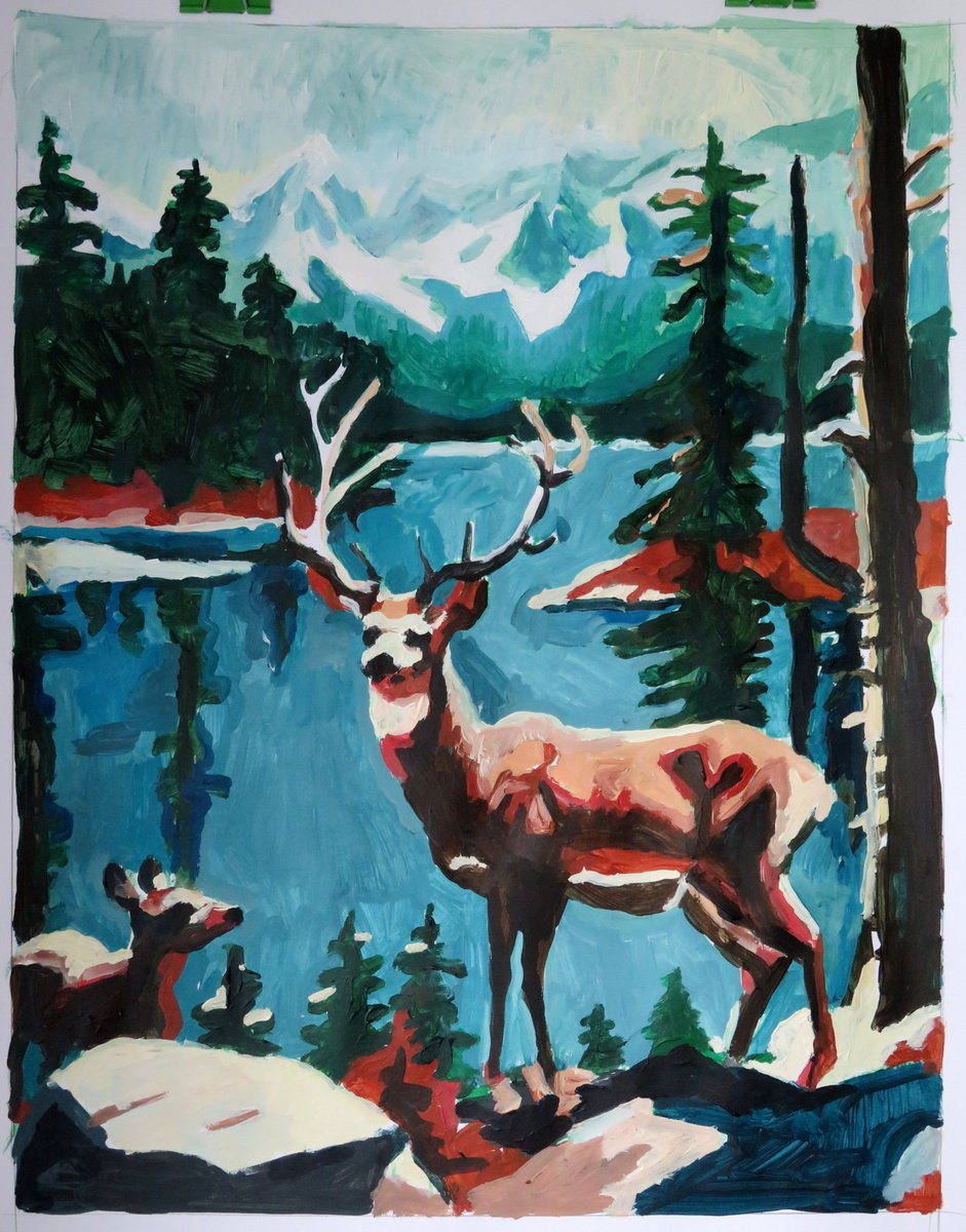 Impressionistic Landscape Acrylic Painting By Stephen Abela, 22 X 28", Stag And Fawn, Original Artwork