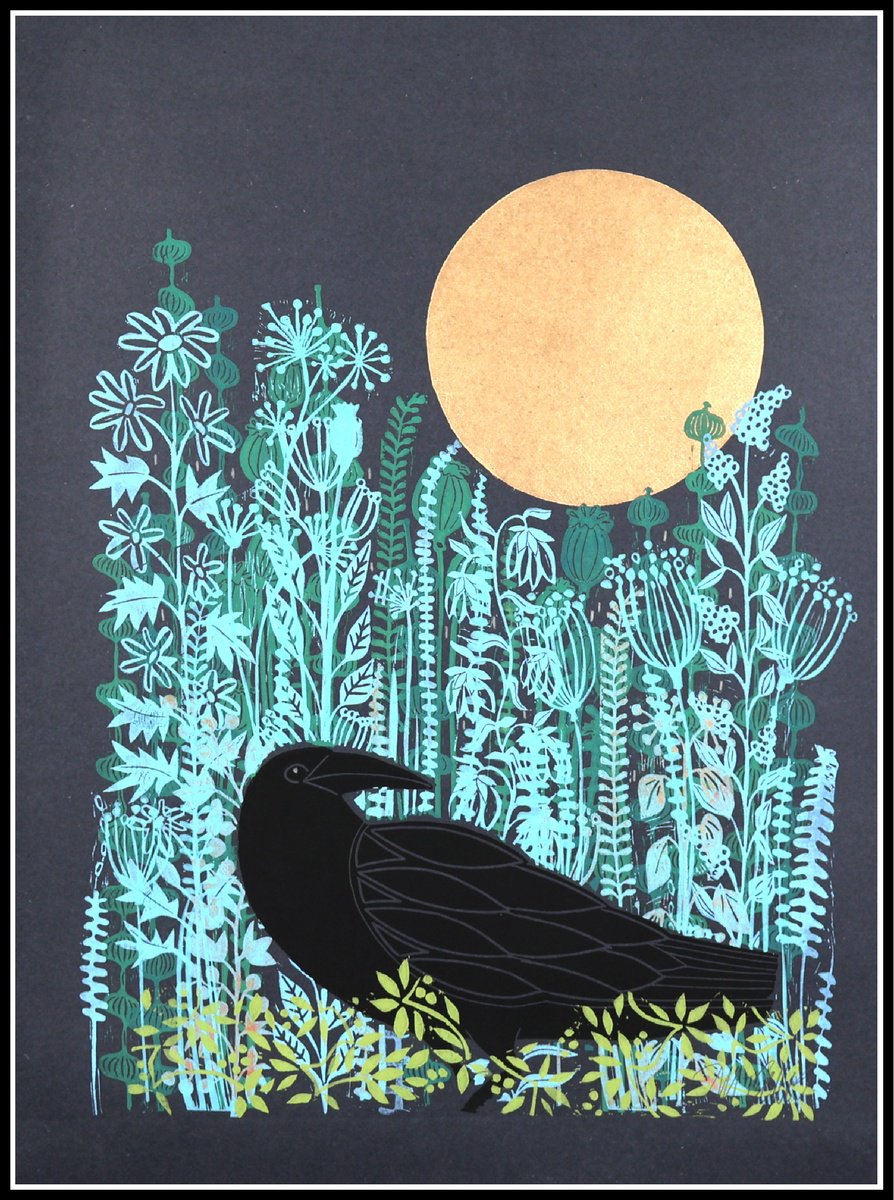 Animal Linocut By Mariann Johansen-Ellis, 22 X 30", Midnight Raven, Original Artwork