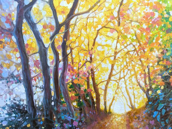 The Truth Calls Again, large oil painting of an autumn path